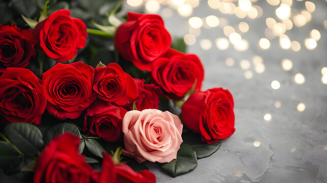 Images of fresh roses for Valentine's Day, roses, Valentine's Day, flowers, romantic, botanical, red, green, pink, brilliant, daytime, AI-generated.