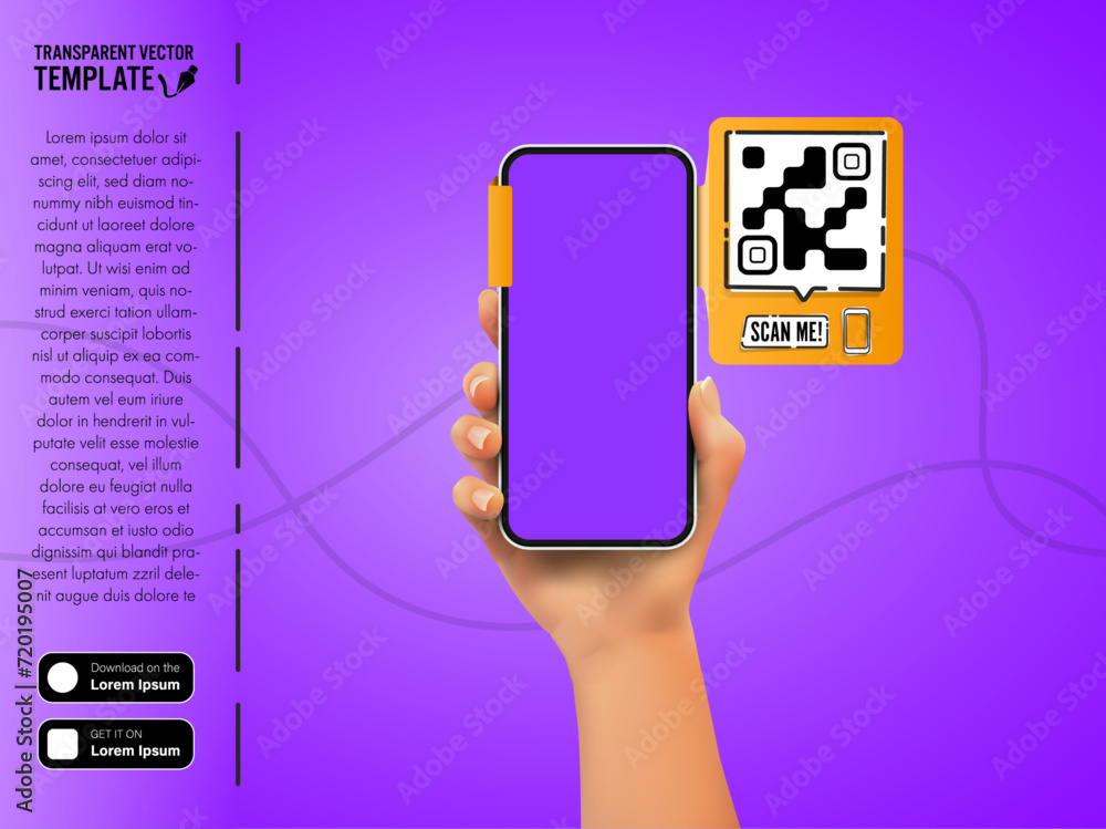 Poster realistic woman's hand holding a smartphone with a ribbon featuring a qr code link to a mobile app. 