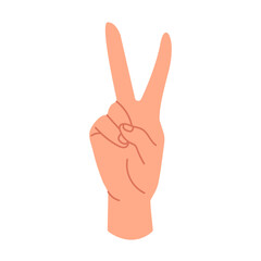A hand with a positive gesture of victory. A sign with the hand of peace gesture. The concept of love for the world. Body language. Vector illustration in a flat style, isolated on a white background