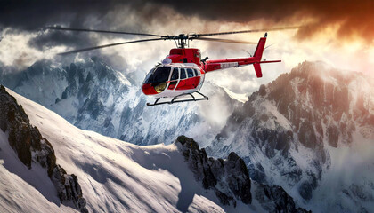 Obraz premium Side view of a red and white mountain rescue helicopter flying among snow capped peaks with dramatic sky on background. Generative Ai.