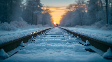 A snow-covered railway, with a distant train as the background, during a tranquil winter morning