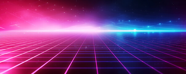 Retro 80s neon grid gradient in bold pinks, blues, and purples, with a grainy texture for a throwback event poster. 