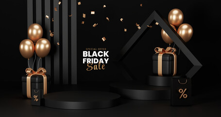 Black friday sale Promotion, Realistic Gift Boxes with Gold Ribbon , shopping cart black, Dark background Podium .poster, banners, flyers, card,advertising , 3D rendering