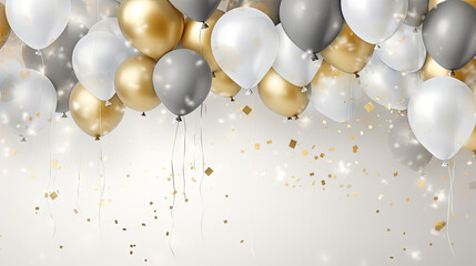 birthday party balloons, Celebration background with golden confetti and golden and silver balloons. Banner