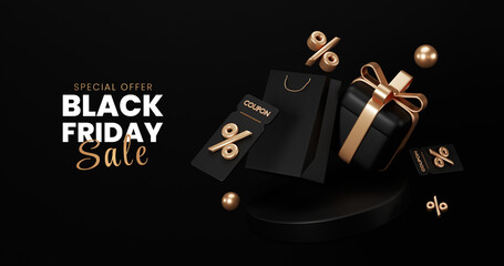 Black friday sale Promotion, Realistic Gift Boxes with Gold Ribbon , shopping cart black, Dark background Podium .poster, banners, flyers, card,advertising , 3D rendering