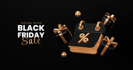 Black friday sale Promotion, Realistic Gift Boxes with Gold Ribbon , shopping cart black, Dark background Podium .poster, banners, flyers, card,advertising , 3D rendering