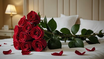 Bouquet of red roses on the bed with petals scattered around.
