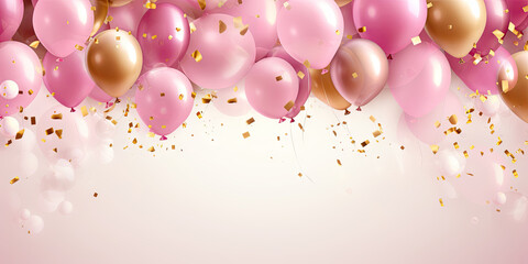 birthday party balloons, Celebration background with pink confetti and golden and pink balloons. Banner