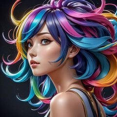 Woman with long rainbow hair 