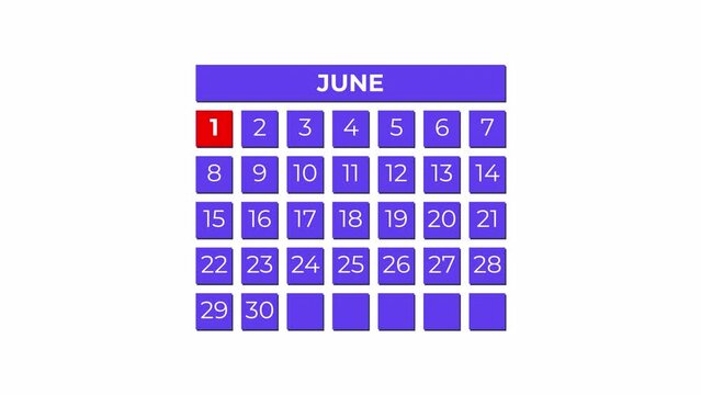 1st June calendar icon animation. Alpha matte with transparent background 4K resolution.