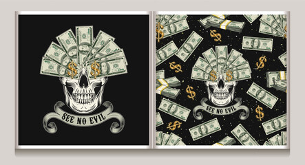 Seamless pattern, label with skull, money, pile of 100 dollar bills, dollar sign. Creative interpretation of Three wise monkeys concept. Text See no evil, mouth full of cash. Corruption concept © OA_Creation