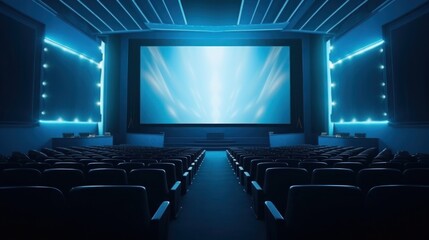 Fototapeta premium Empty modern cinema with blue backlit blank screen. Model of the auditorium without people