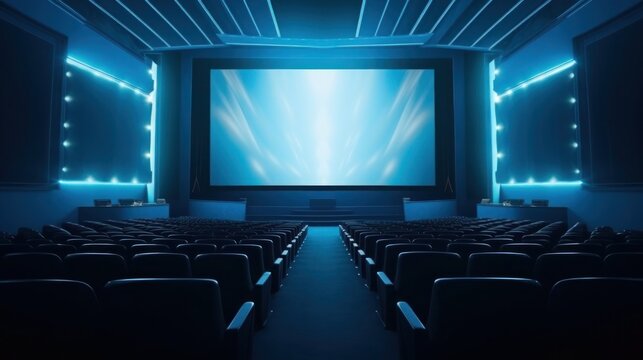 Empty modern cinema with blue backlit blank screen. Model of the auditorium without people