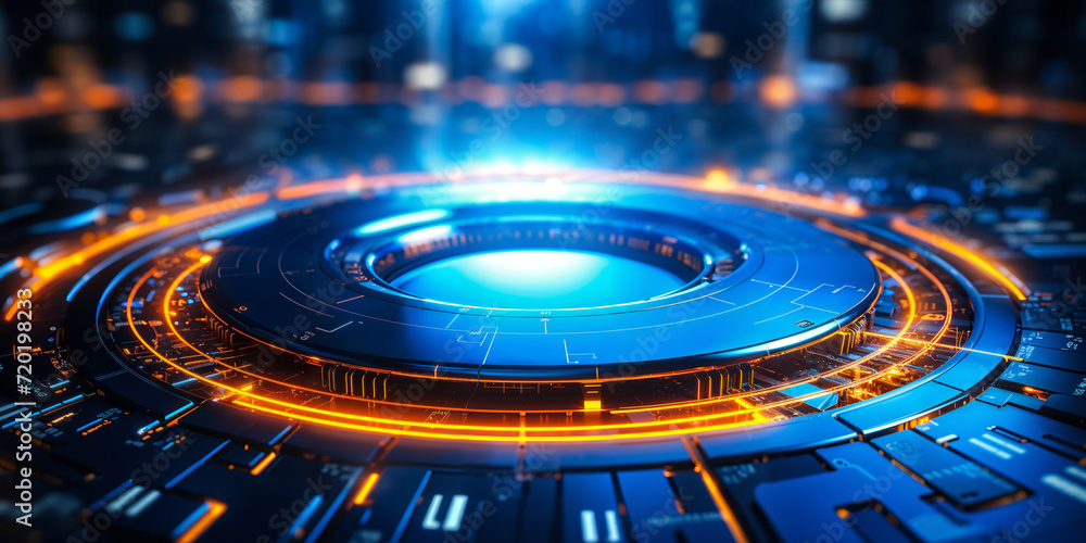 Poster advanced futuristic interface technology with circular glowing blue hud and circuit lines on dark ba