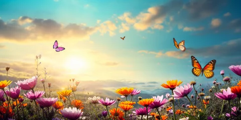 Fotobehang Vibrant butterflies of various colors fluttering above a field of colorful wildflowers under a sunny sky with soft clouds, symbolizing spring and the beauty of nature © Bartek