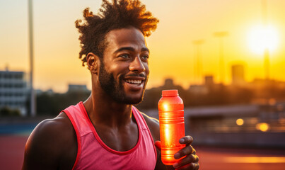 Joyful African American Athlete Holding Sports Drink Enjoying Sunset after Training on Athletic Track