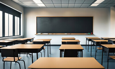 Empty classroom with desks and blackboard