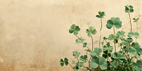 A vintage background with images of clover in the style of old botanical illustrations on textured paper. Background for St Patrick's day
