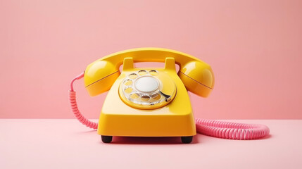 Vintage classic rotary dial yellow phone. Pastel colour palette. Retro concept. Generative AI