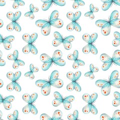 Watercolor seamless pattern with  blue butterflies. For fabric, textiles, wallpaper