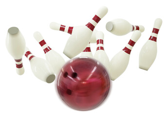 Palla da bowling che colpisce 10 birilli su sfondo traspatente. Illustrazione 3d