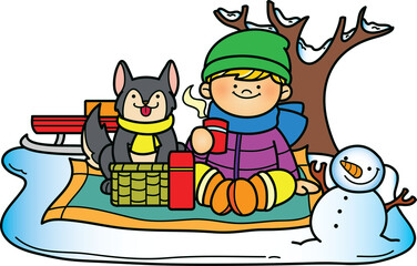 Boy and dog having picnic in the winter park clip art