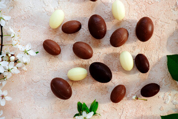 Easter chocolate  rabbit and eggs.traditional easter  dessert