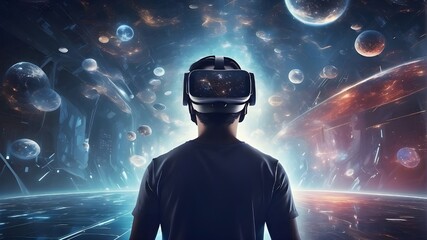 Immersive Virtual Reality Man Exploring Digital Worlds with a Futuristic Background... Generative AI