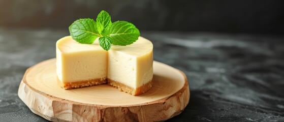 Cheesecake with mint on a dark background. toning. selective focus. Cheesecake on a background with...