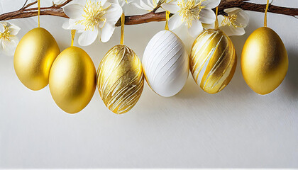 Wielkanocne tło ze złotymi i białym pisankami zawieszonymi na gałęzi pokrytej kwiatami - obrazy, fototapety, plakaty