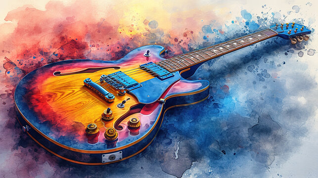 Musical Harmony Watercolor Guitar with Color Splashes on Colorful Background