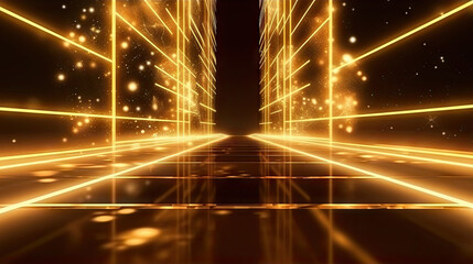 Fototapeta na wymiar golden walkway with lights on the floor,Gold lights rays scene background. Golden light award stage with rays and sparks