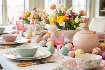 Fototapeta na wymiar Beautifully decorated Easter breakfast or dinner table with flowers, pastel crockery and colored Easter eggs