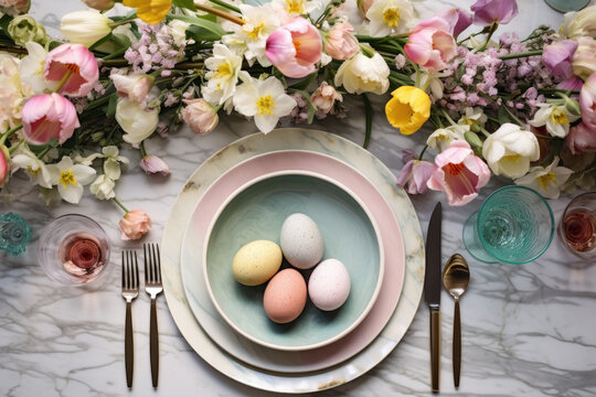 Beautifully decorated Easter breakfast or dinner table with flowers, pastel crockery and colored Easter eggs