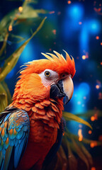 Close-up of a vibrant red and blue macaw parrot, its intense gaze and richly colored feathers highlighted by a bokeh background. 