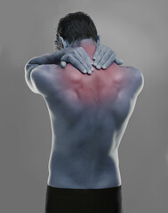 Back, man and red highlight for neck pain, burnout and muscle tension on a grey studio background....