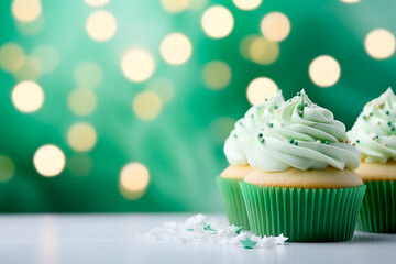 Delicious decorated cupcakes on light table. St. Patrick's Day celebration. A banner with a place for the text.