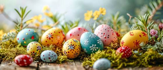 Fototapeta na wymiar Happy Easter Easter Eggs in Spring Unique colored Eggs Trendy Realistic Easter Greeting Card Banner Modern Graphic Concept Wallpaper Digital Art Magazine Background Poster Card