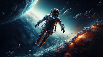 Fototapeta na wymiar An astronaut floating in space near wreck of a planet moon's 