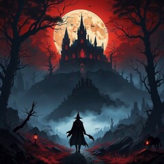 Visually rich anime concept art illustration of a halloween silhouette around a misty forest with a red moon in the distance in the background