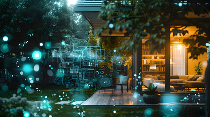 Cinematic photograph of home backyard filled with energy-filled data visualization. selective focus icons. AI. Smart spaces. - obrazy, fototapety, plakaty