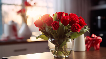 Gifts and red roses on table for Valentine day. Bouquet of roses on table decorated for Valentine's Day celebration. Love confession. Love and valentine