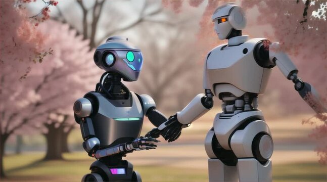 Couple of robots fall in love in spring . High quality FullHD footage
