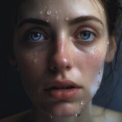 High realism portrait of a woman with the orbit eyes plenty of tears , gaze to right, closed lips that convey in a intensity expression In style of ethereal portraiture 8k resolution