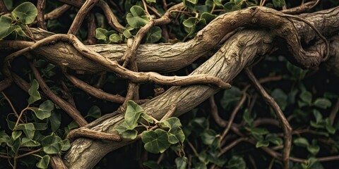 Curly leafless ivy branches are located on a tree trunk in the form of x, concept of Abstract