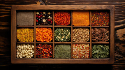 Colored spice background. Spices and herbs top view