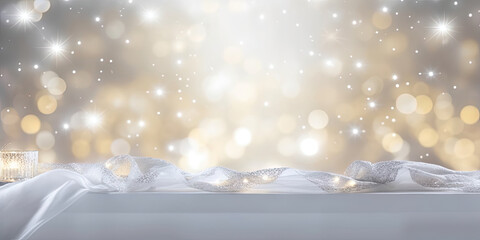 Fototapeta na wymiar white table with white cloth and white lights glittery and shiny, Bokeh winter background. Glitter vintage lights background. silver and white.