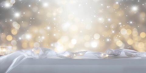  white table with white cloth and white lights glittery and shiny, Bokeh winter background. Glitter vintage lights background. silver and white.