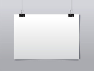 Horizontal empty white sheet of paper hanging on binder clips over gray background. Realistic vector illustration