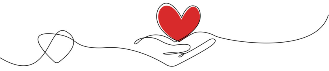 One continuous line drawing hand holding heart. Charity donation linear concept. Vector isolated on transparent.